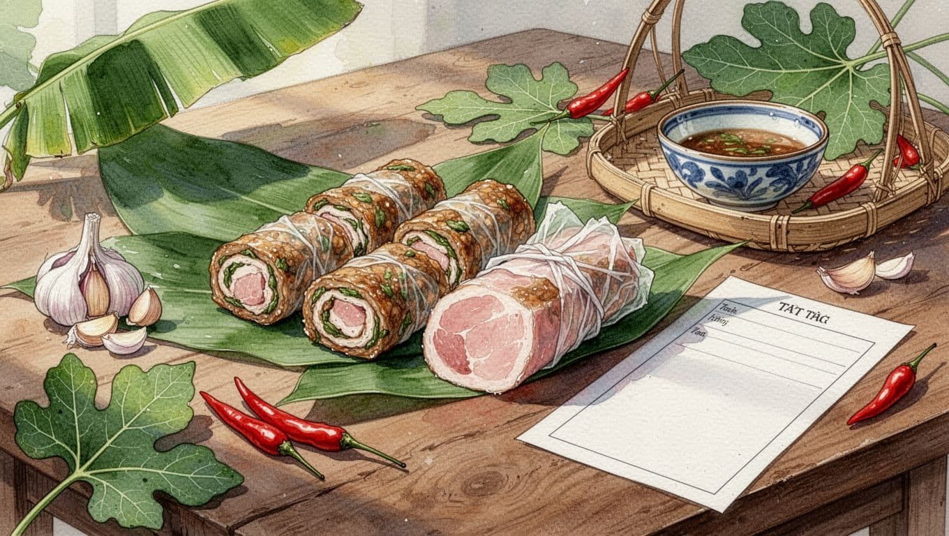 Các cuộn nem chua bọc lá nằm cạnh phiếu nếm trắng trên bàn gỗ.
