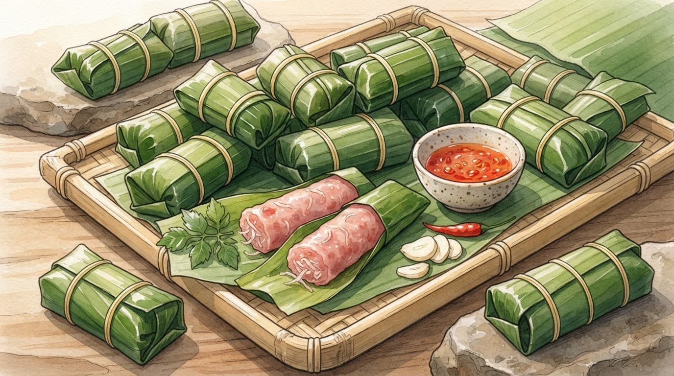 Các cuốn nem nhỏ bọc nhiều lớp lá trên khay tre cùng gia vị.