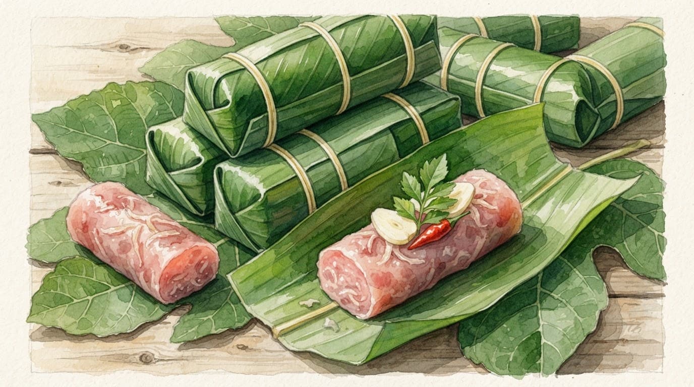 Nem chua Thanh Hóa bọc lá chuối, buộc dây vàng, đặt trên gỗ với tỏi và ớt đỏ.