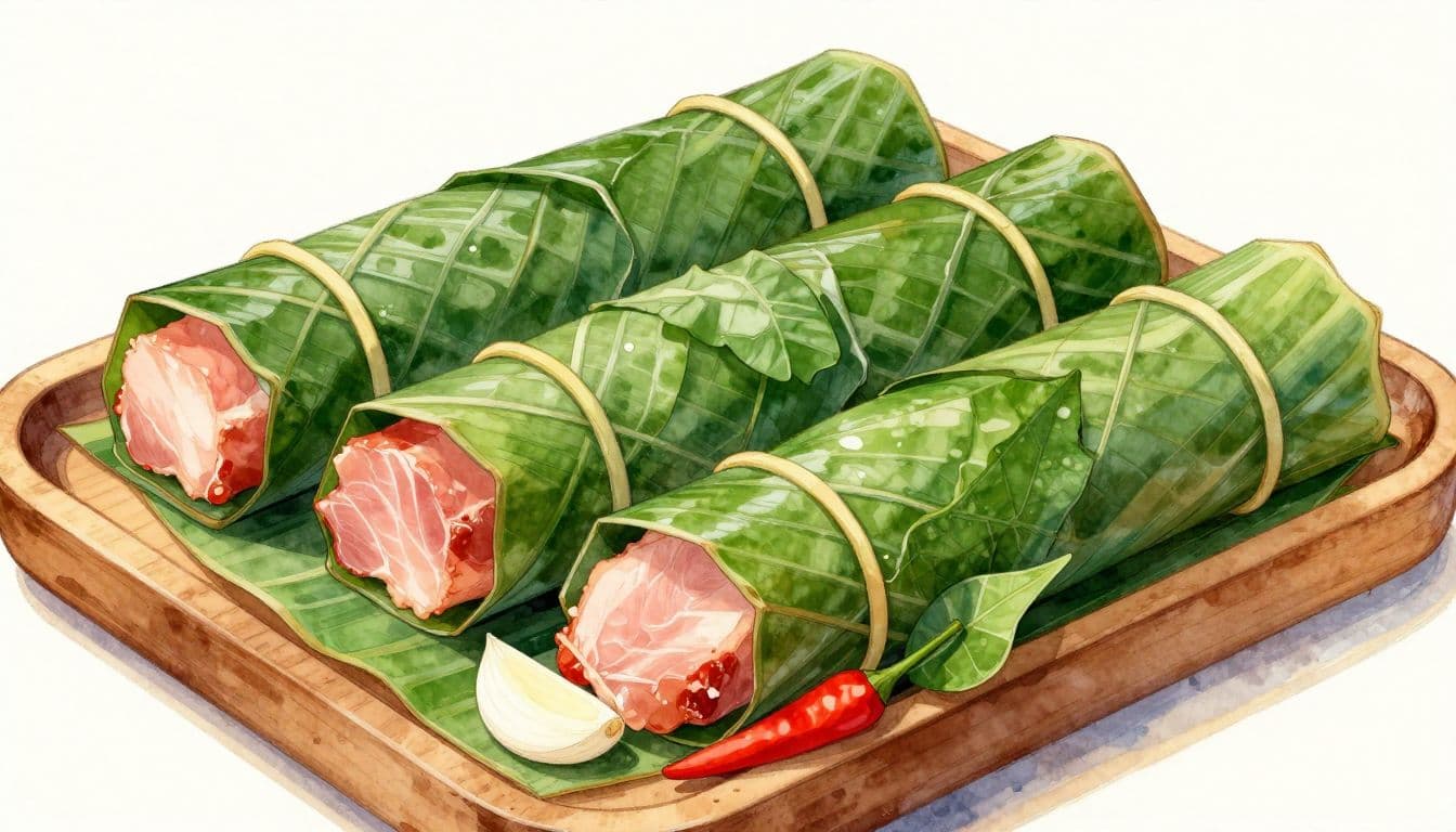 Nem chua bọc lớp lá xanh, phần cuộn mở lộ thịt hồng cùng lá thảo mộc.