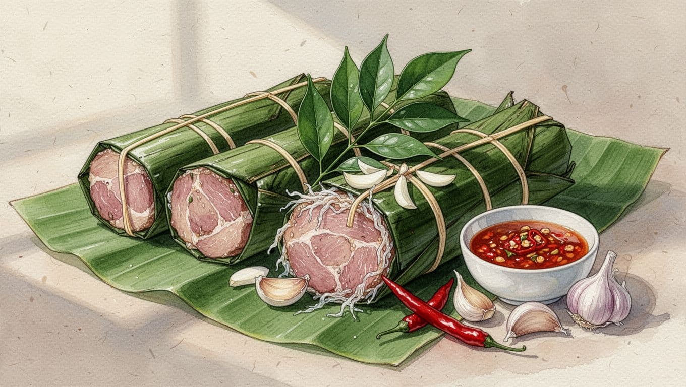 Nem Thanh Hóa gói trong lớp lá bên ngoài, kèm gia vị và bát nước chấm.