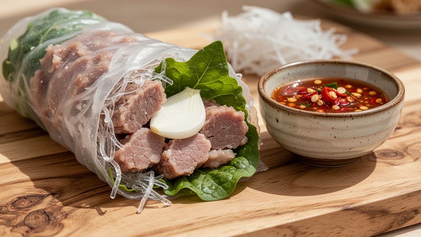 Cuộn nem mở ra với thịt hồng, tỏi, lá đinh lăng và bát tương ớt.