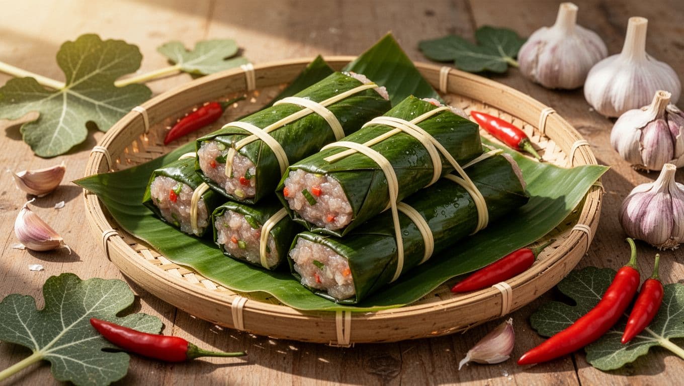 Các cuộn nem đặt trên mẹt tre cùng lá sung.