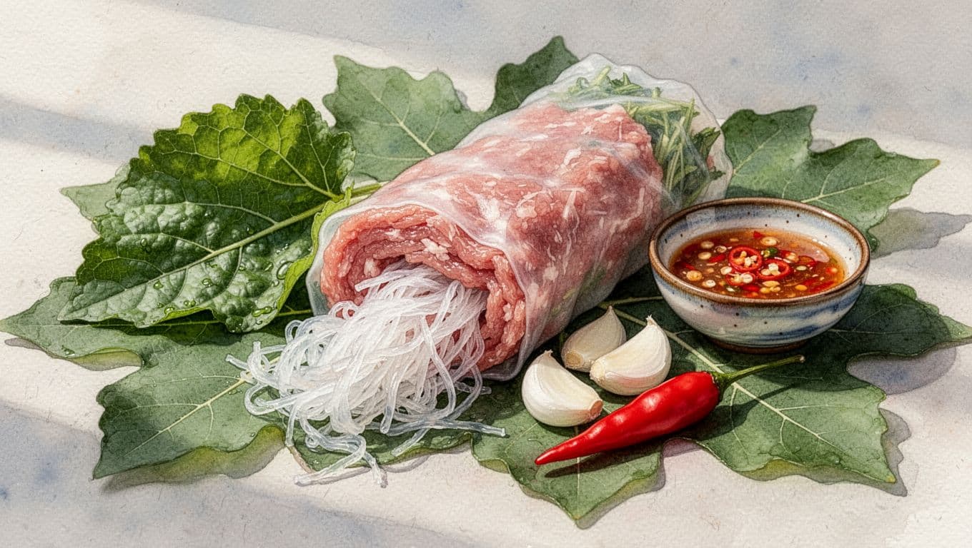 Nem chua bổ đôi với thịt hồng, tỏi, ớt đỏ và lá xanh bên bát tương ớt.