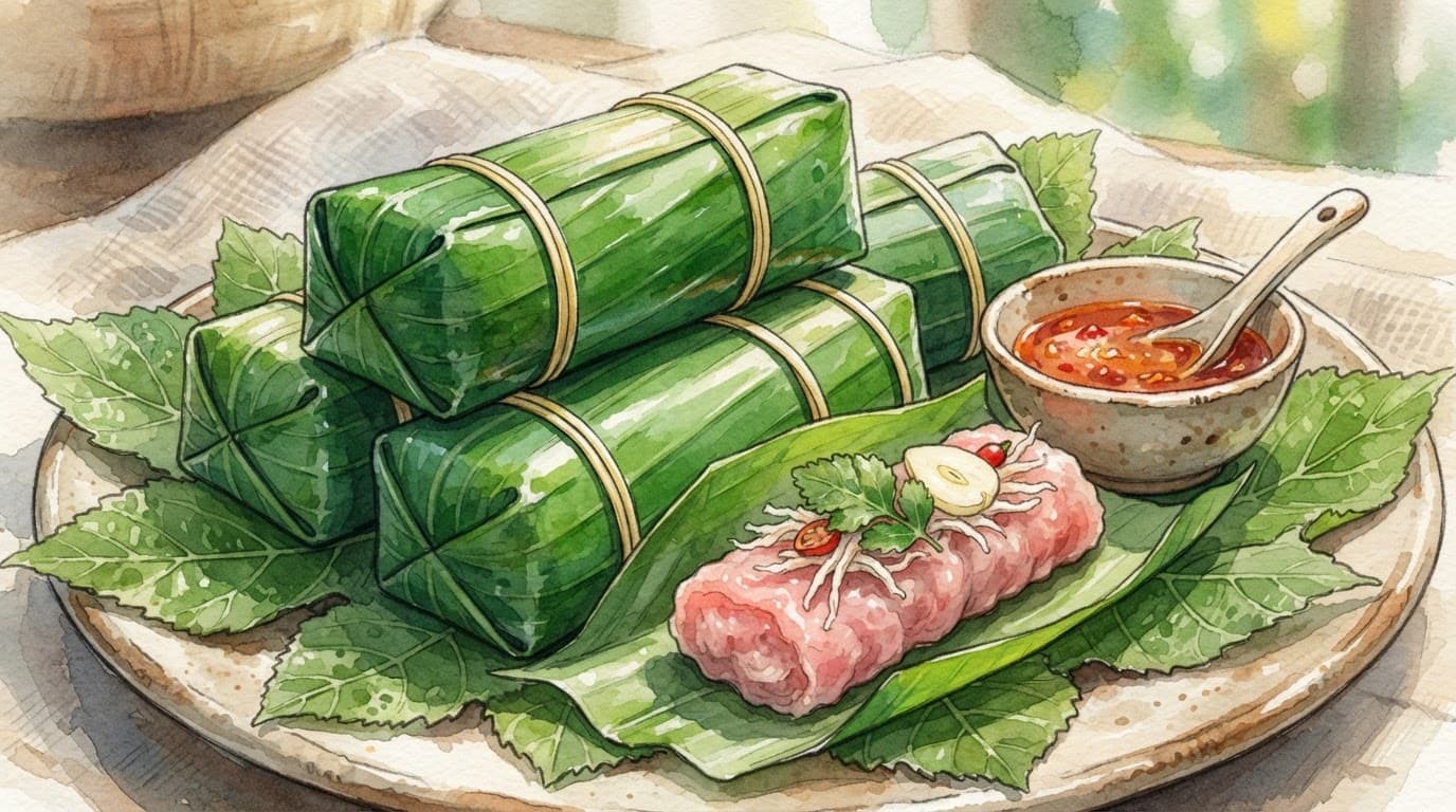 Nem chua Thanh Hóa bọc lá chuối xanh, đặt trên lá sung cạnh bát tương ớt.