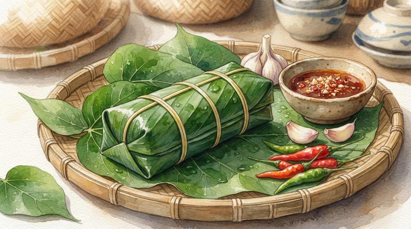 Nem chua bọc lá chuối đặt trên mâm tre cùng tỏi, ớt và bát tương ớt.