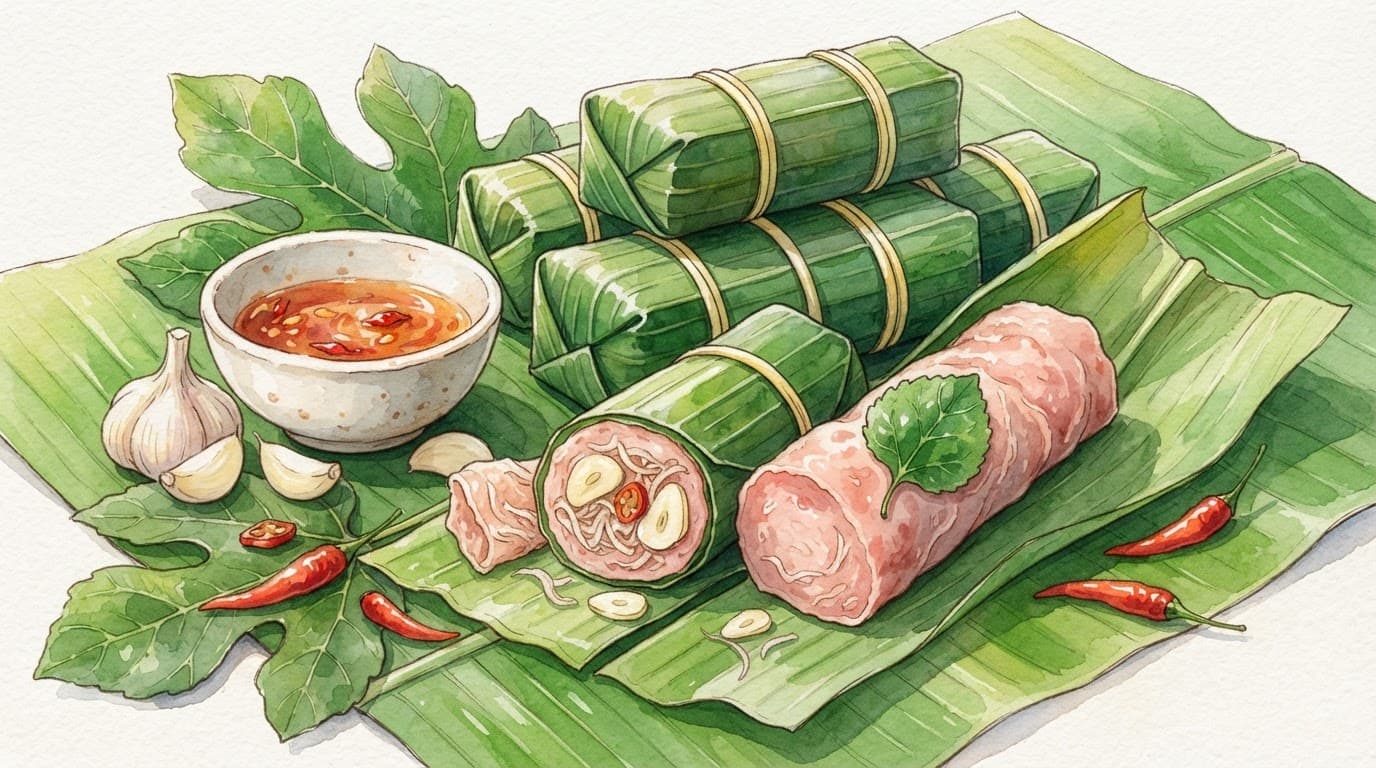 Món nem hồng mở lá chuối, lộ lát tỏi và ớt đỏ bên bát tương ớt.