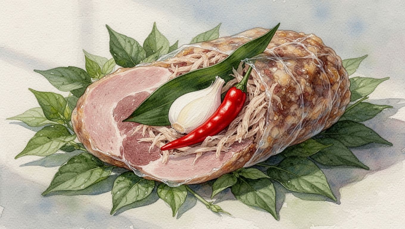 Nem chua Thanh Hóa bổ đôi, bên trong có bì, tỏi, ớt đỏ và lá đinh lăng.