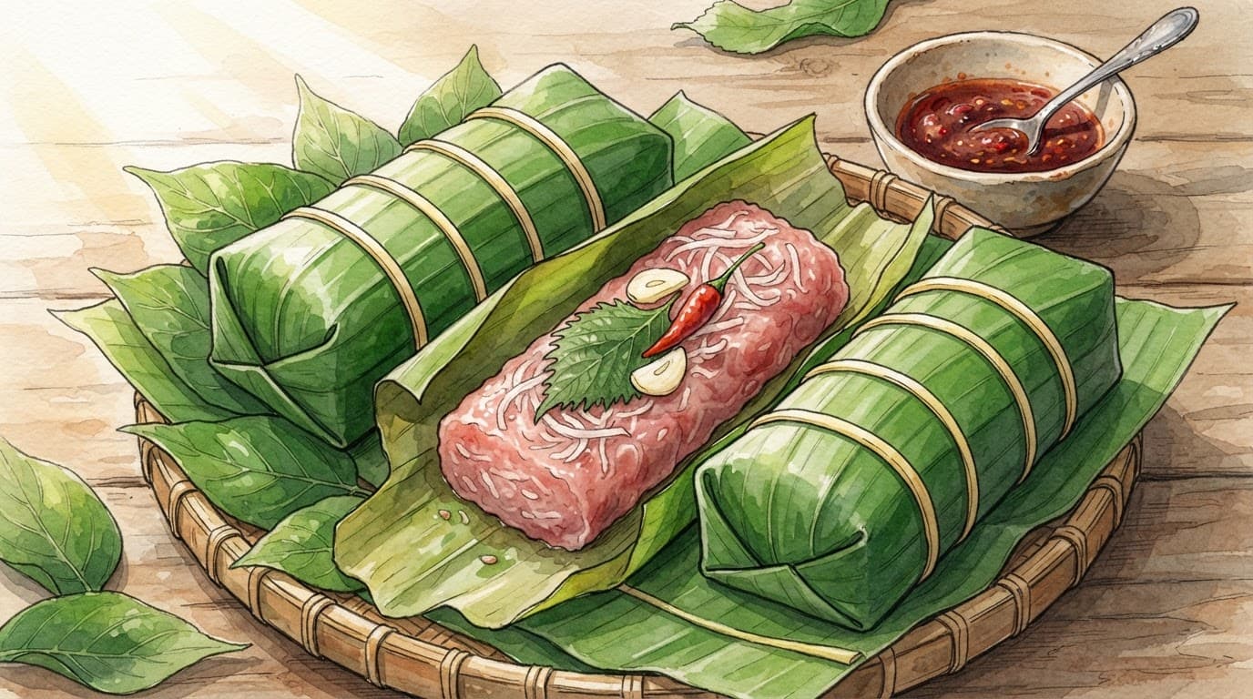 Ba cuộn nem chua trên lá xanh, một cuộn mở lộ nhân hồng cùng tỏi và ớt.