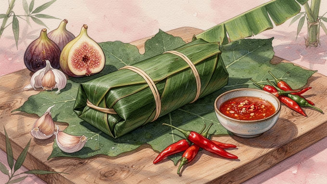 Cuộn nem chua bọc lá chuối bên tỏi, ớt hiểm và bát tương ớt.