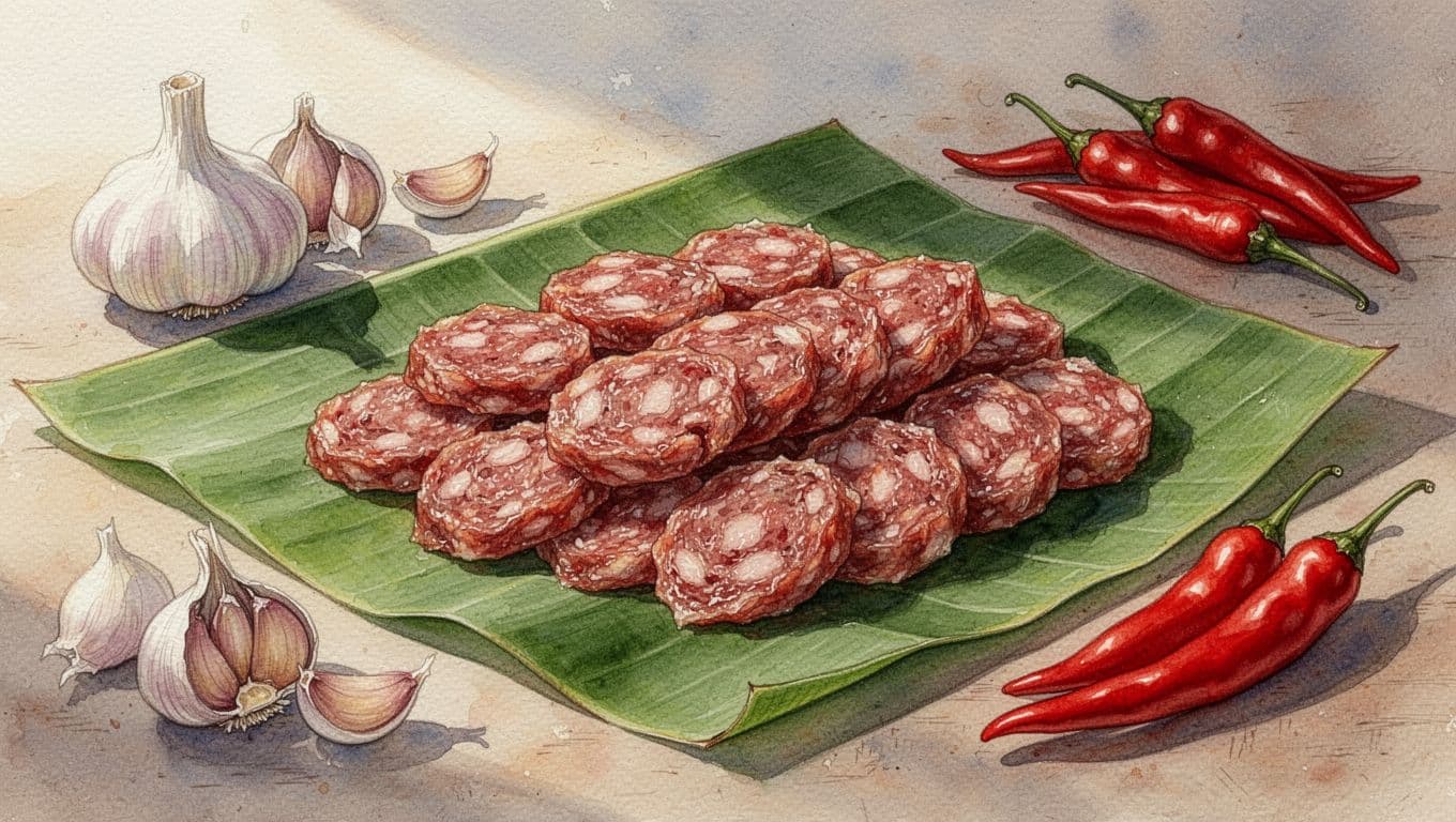 Nem chua Thanh Hóa trên lá chuối, kèm tỏi và ớt đỏ.
