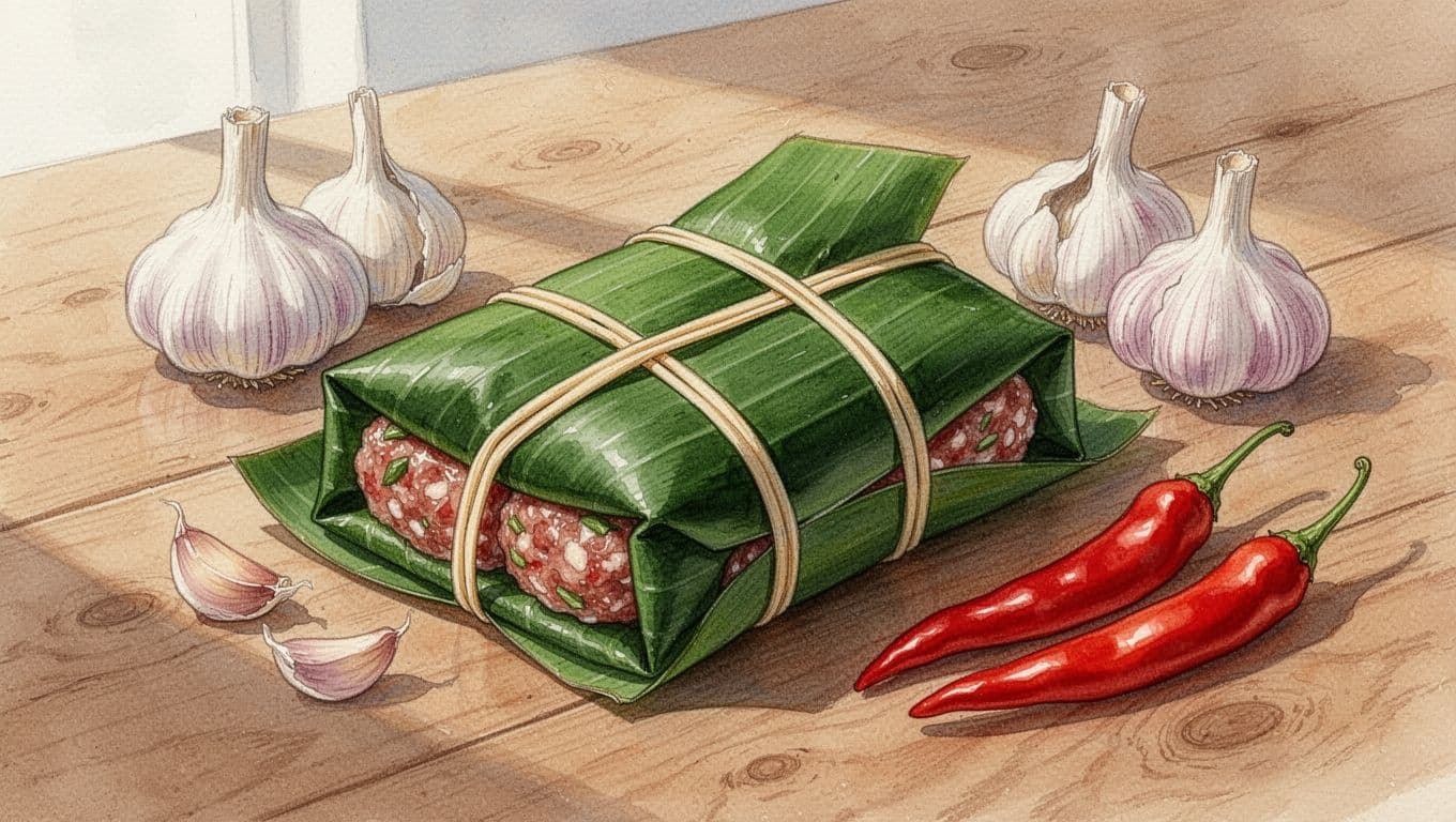 Nem chua Thanh Hóa gói lá chuối xanh, đặt cạnh tỏi và ớt trên mặt gỗ.