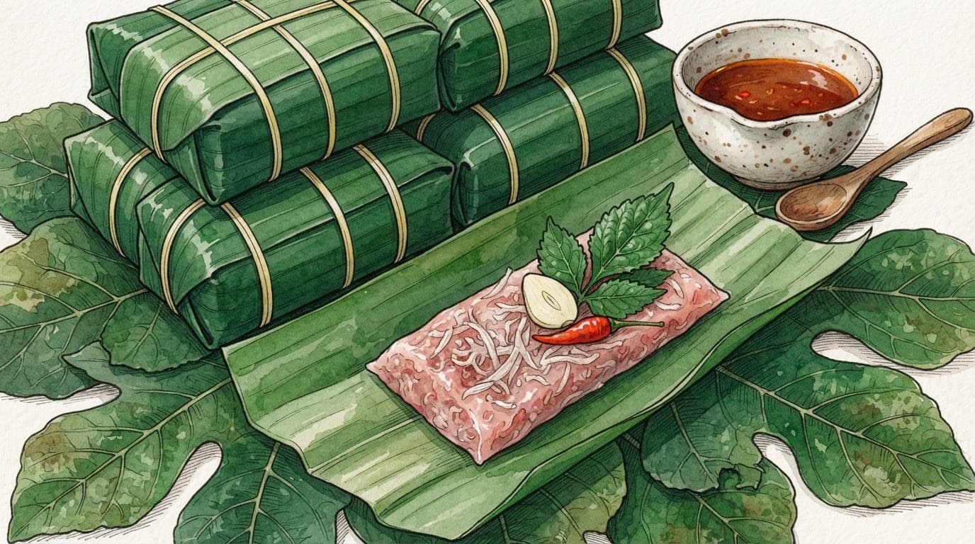 Các gói nem bọc lá tự nhiên, một gói hé mở cạnh bát nước chấm.