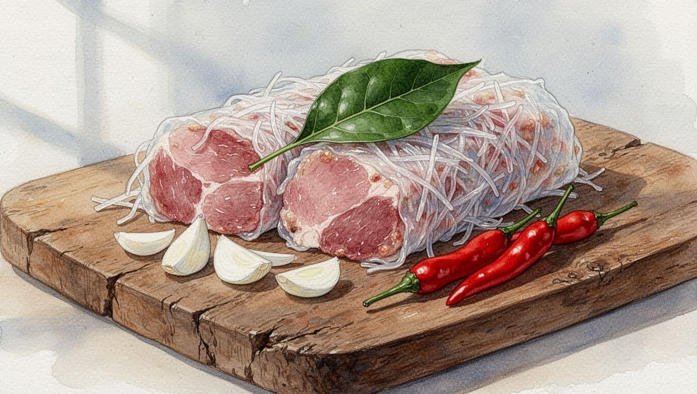 Nem chua Thanh Hóa bổ đôi với tỏi, ớt đỏ và lá đinh lăng trên thớt gỗ.