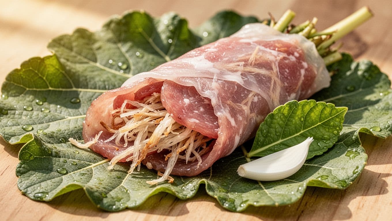 Nem chua Thanh Hóa mở ra với thịt hồng, bì sợi, lá đinh lăng và lát tỏi trên lá sung.