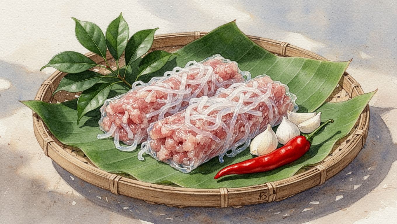 Nem hồng đặt cạnh tỏi, lá đinh lăng và ớt đỏ.