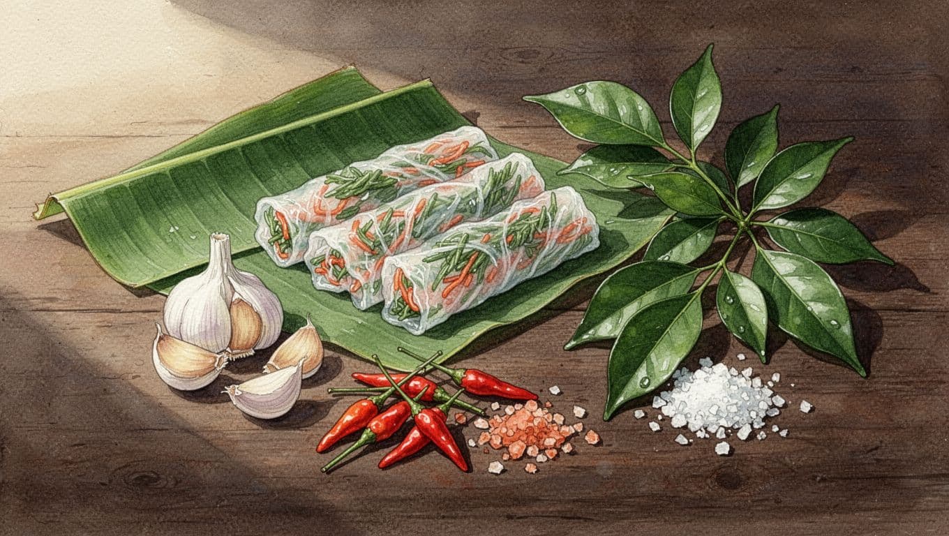 Lá chuối, tỏi, ớt, lá đinh lăng và muối biển trên mặt gỗ.