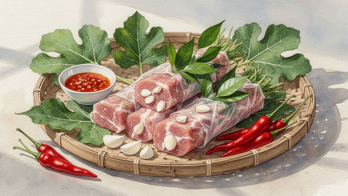 Nem chua trên khay tre cùng tương ớt, lá xanh và ớt đỏ.
