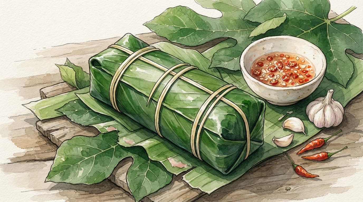 Nem chua Thanh Hóa bọc lá chuối, đặt cạnh tỏi, ớt và bát tương ớt.