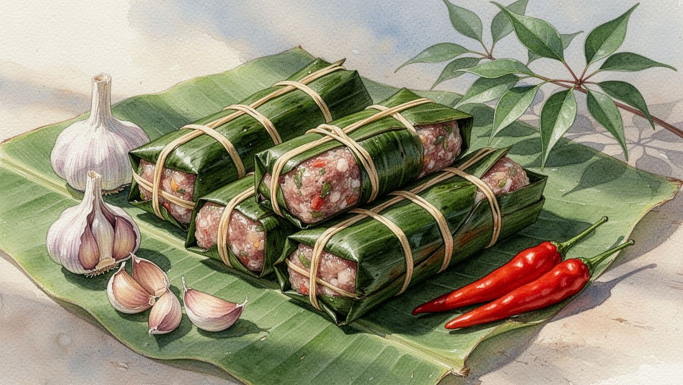 Nem chua Thanh Hóa bọc lá chuối, đặt cạnh tỏi, ớt hiểm và lá đinh lăng.