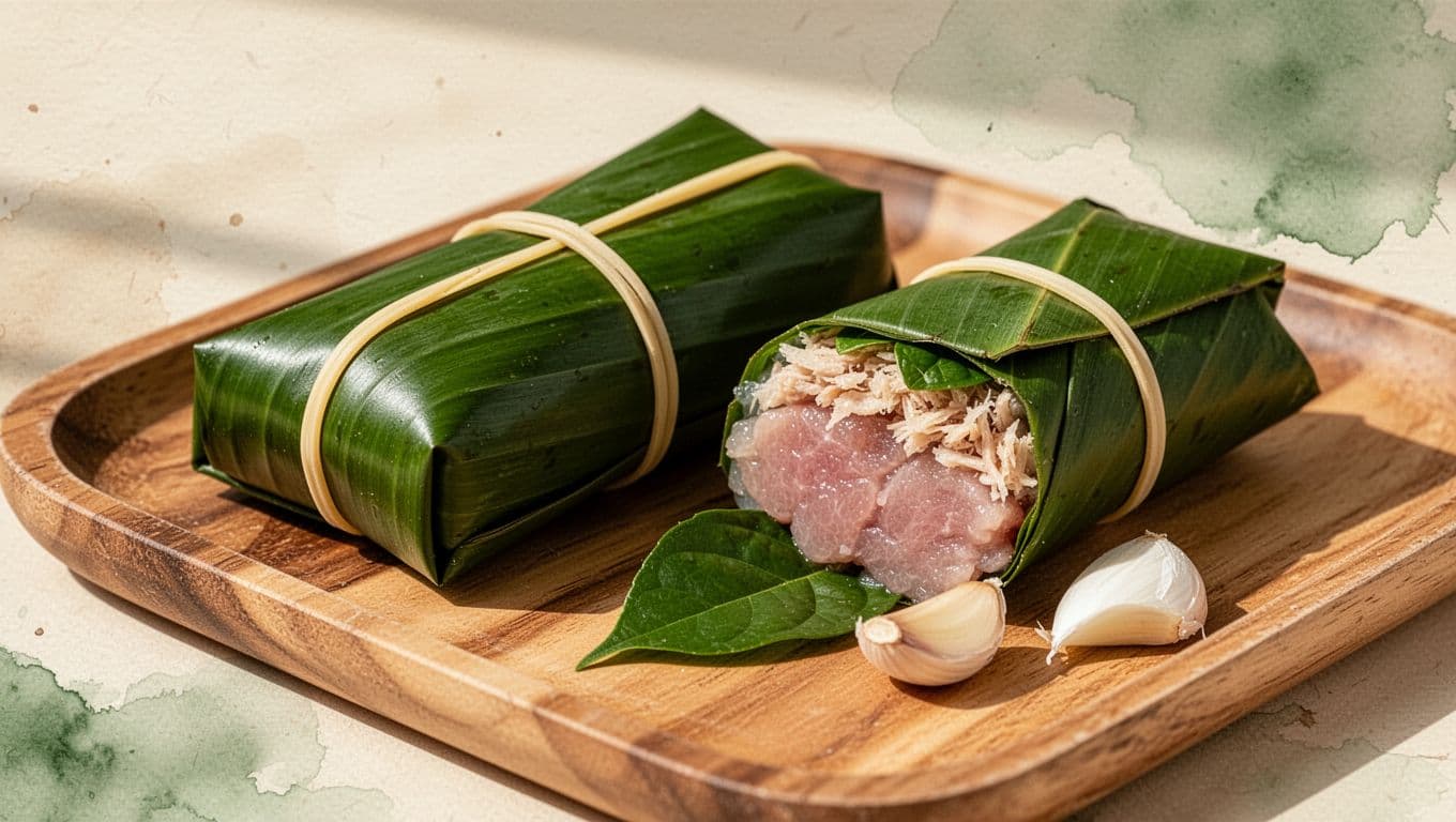 Nem chua Thanh Hóa gói lá chuối xanh đặt trên khay gỗ mộc.