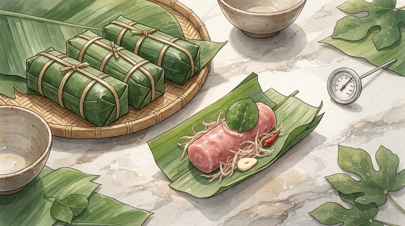 Bốn cuộn nem chua, gồm ba cuộn bọc kín và một cuộn mở, đặt cạnh lá đinh lăng, tỏi, ớt và nhiệt kế.