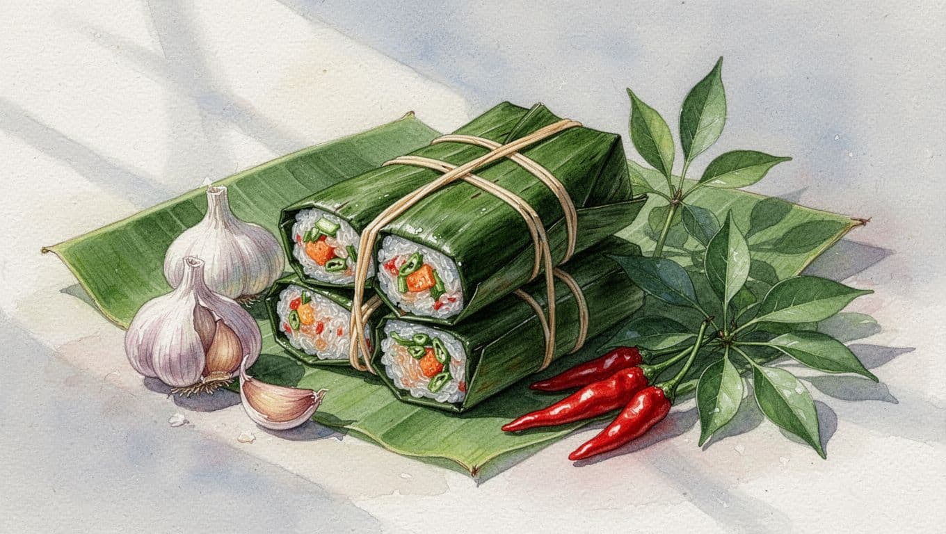 Nem chua gói lá chuối đặt cùng tỏi và ớt trên giấy nghệ thuật.