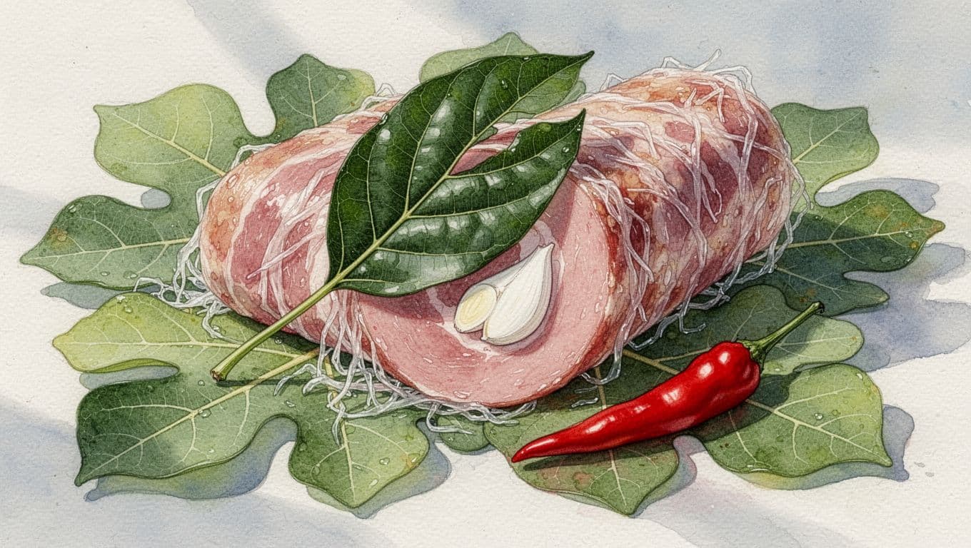 Miếng nem mở đôi trên lá sung cùng tỏi, ớt và lá đinh lăng