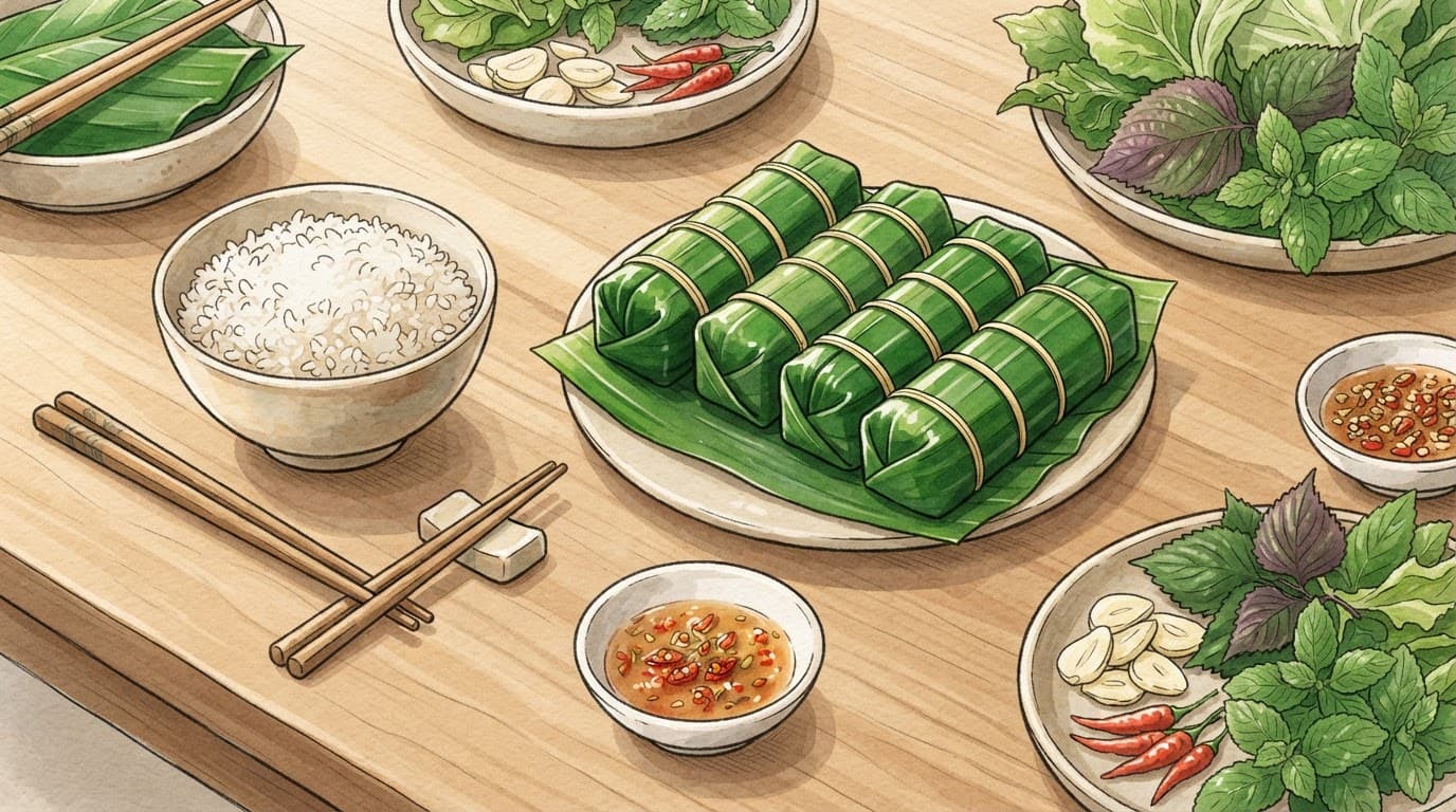 Bốn cuốn nem cạnh bát cơm, rau thơm và chén tương ớt trên bàn gỗ.