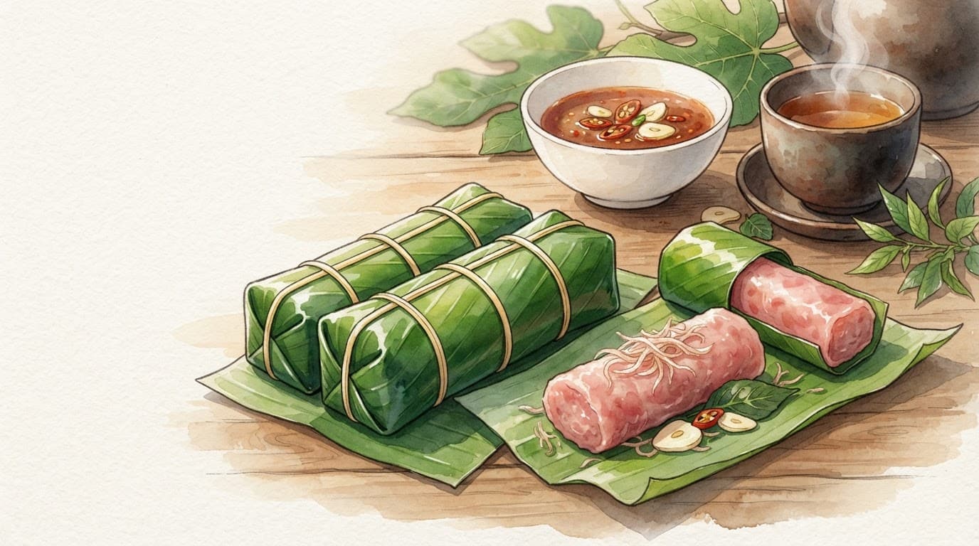 Bốn cuốn nem bọc lá chuối bên bát tương ớt và tách trà.