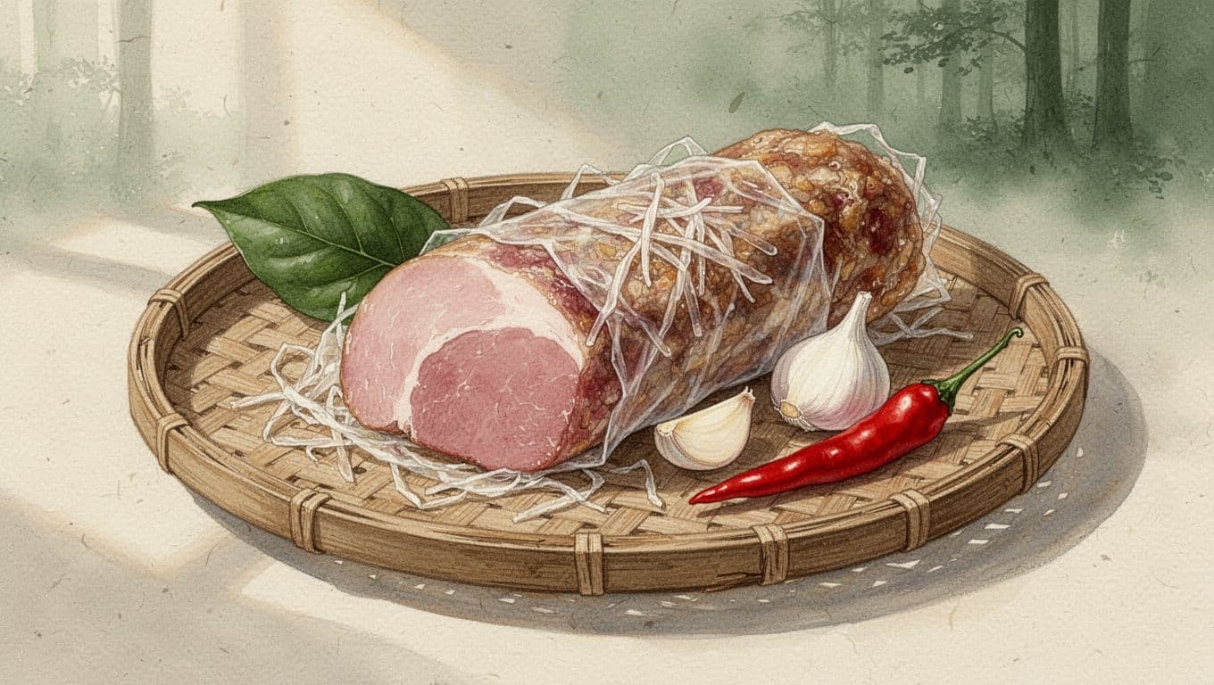 Nem chua mở một phần trên khay tre, cạnh lát tỏi, ớt đỏ và lá đinh lăng.