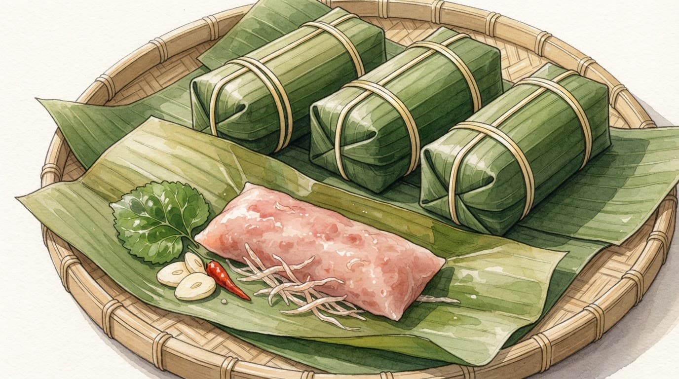 Một nem mở và ba nem gói trên mâm tre.