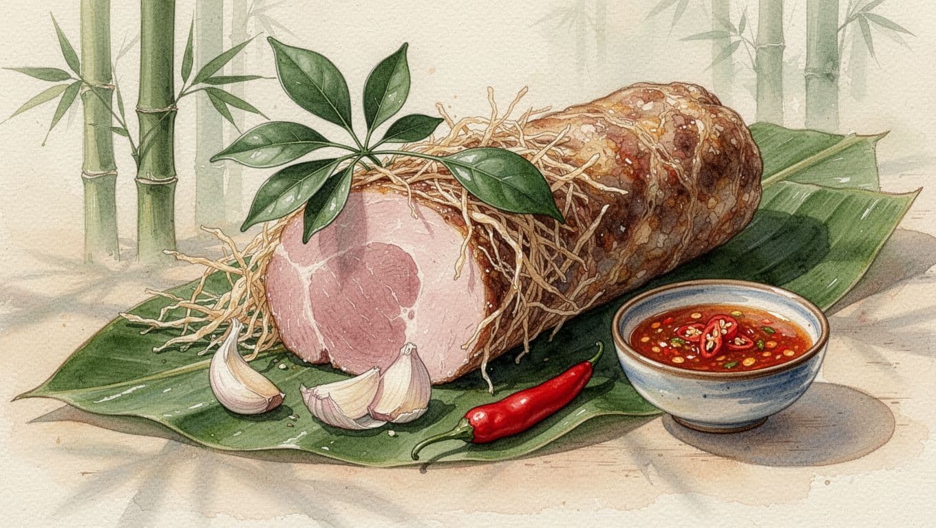 Nem chua Thanh Hóa bọc lá chuối, kèm tỏi, ớt đỏ và bát nước chấm.