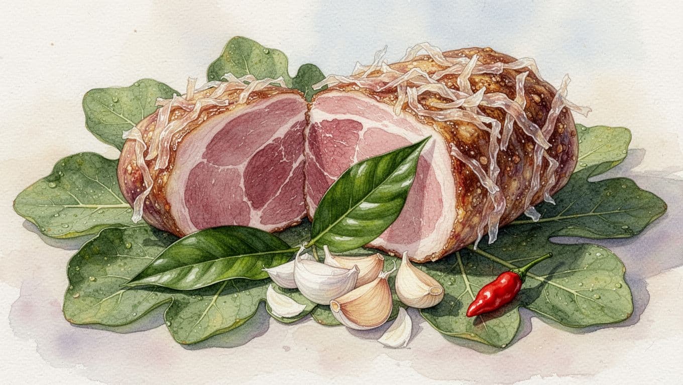 Nem chua Thanh Hóa mở vỏ với bì, tỏi, ớt và lá xanh trên lá sung.