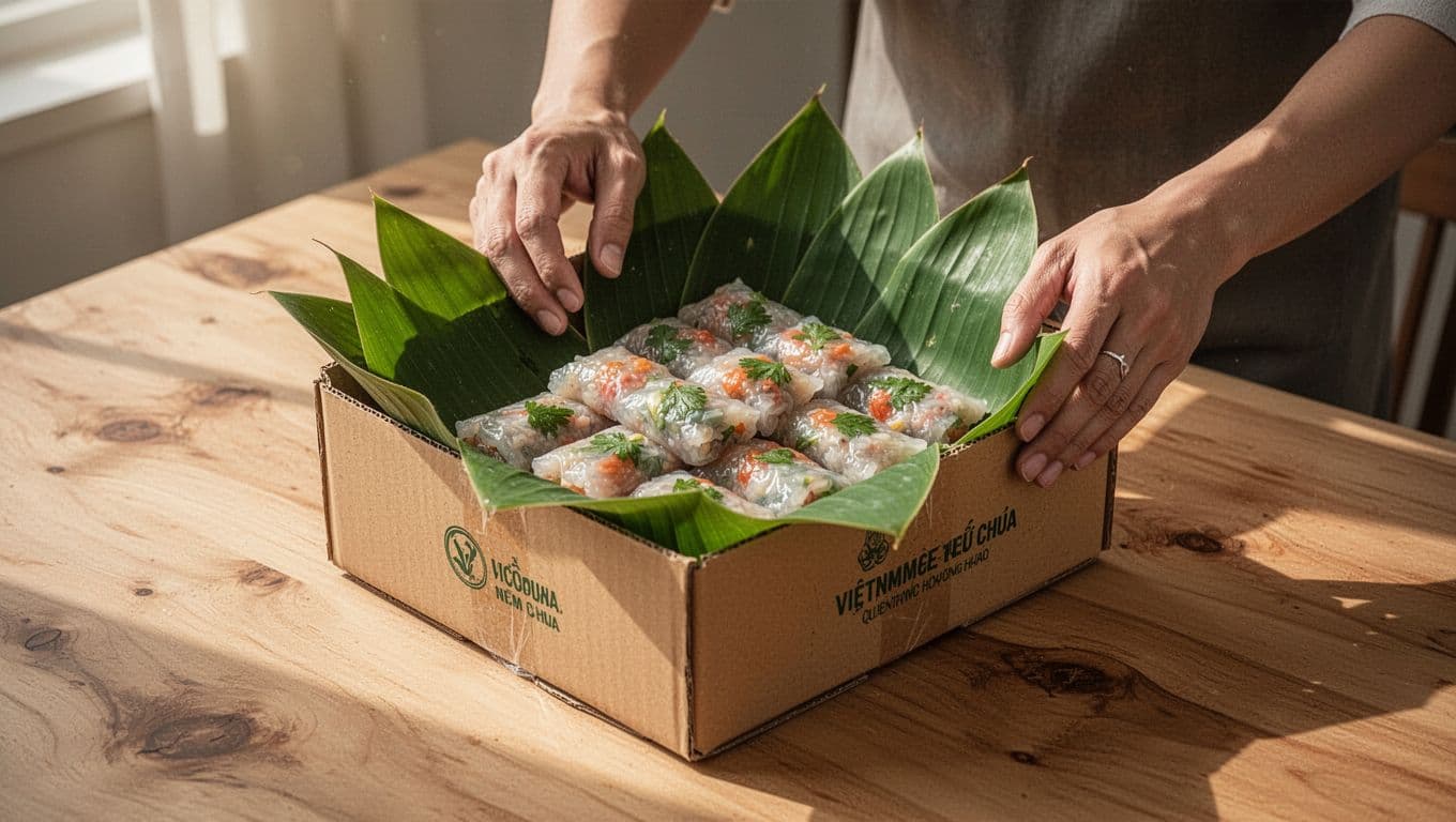 Nem chua Thanh Hóa trong hộp bìa cùng lá chuối trên bàn gỗ.