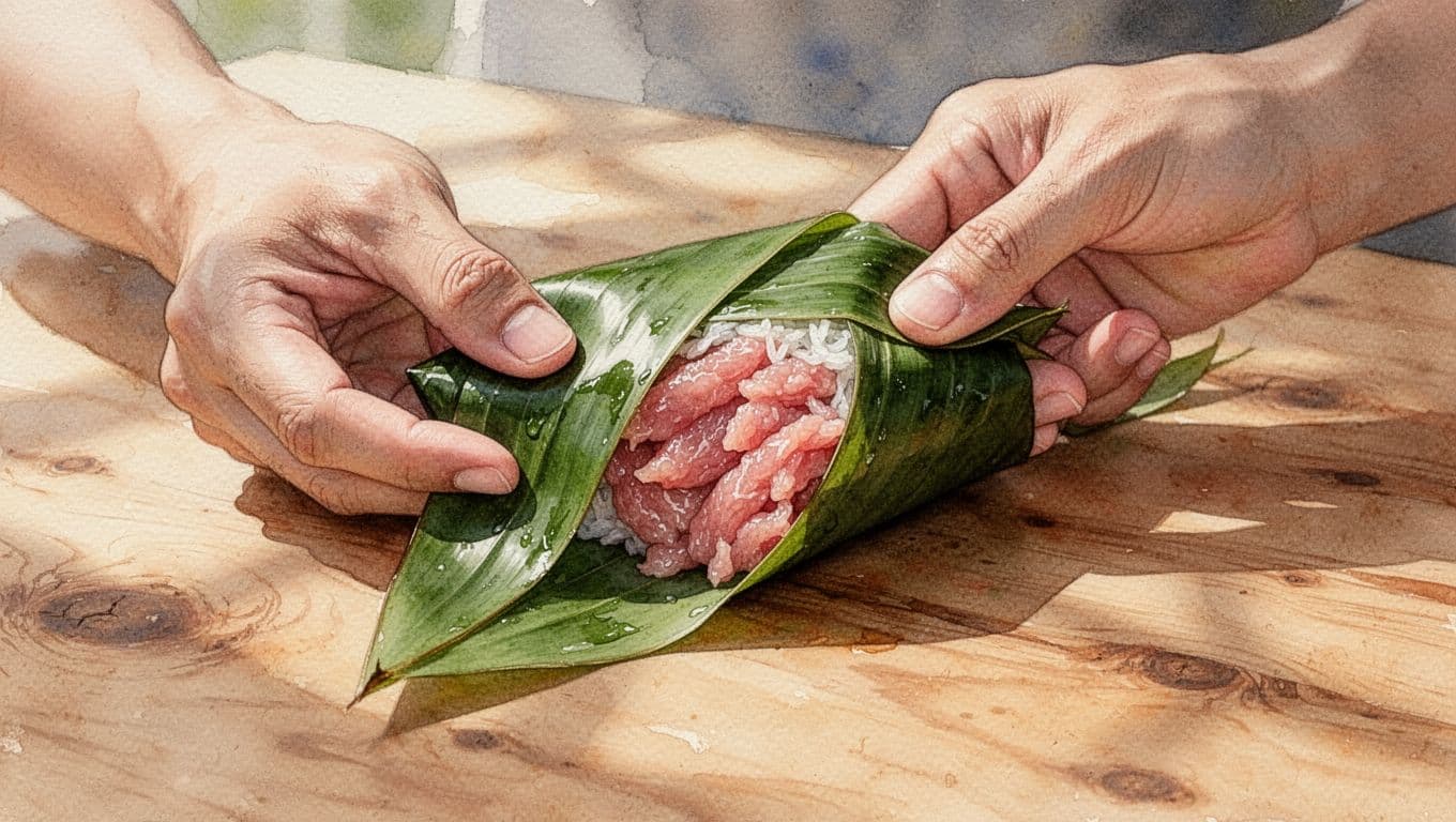 Hai bàn tay mở lá chuối, để lộ cuộn nem chua Thanh Hóa màu hồng.
