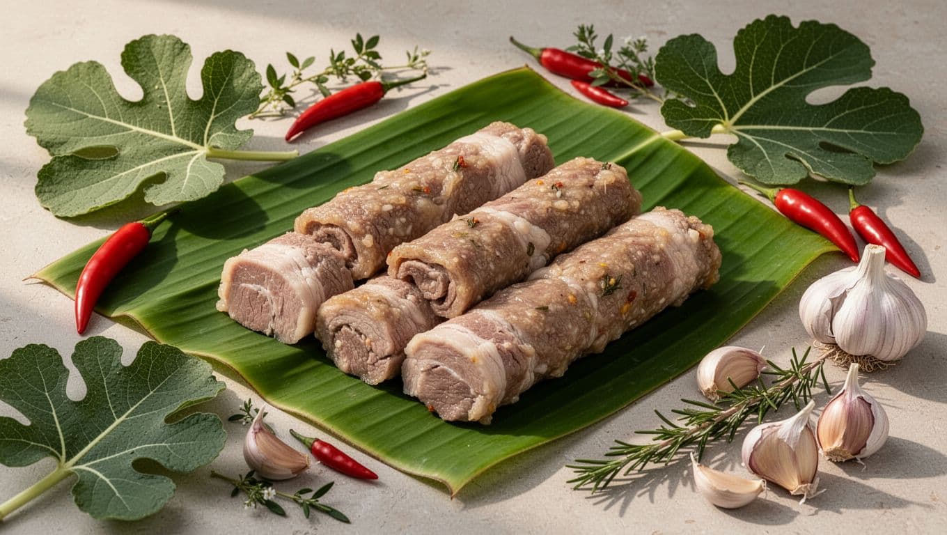 Các khoanh đặc sản Thanh Hóa xếp trên lá chuối cùng ớt, tỏi và rau thơm.