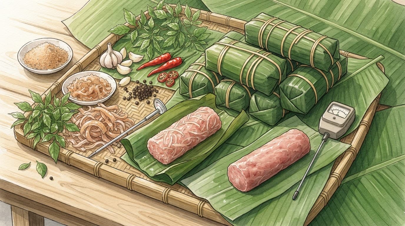 Các cuộn nem chua, lá chuối và gia vị nằm trên bàn gỗ cạnh dụng cụ đo.