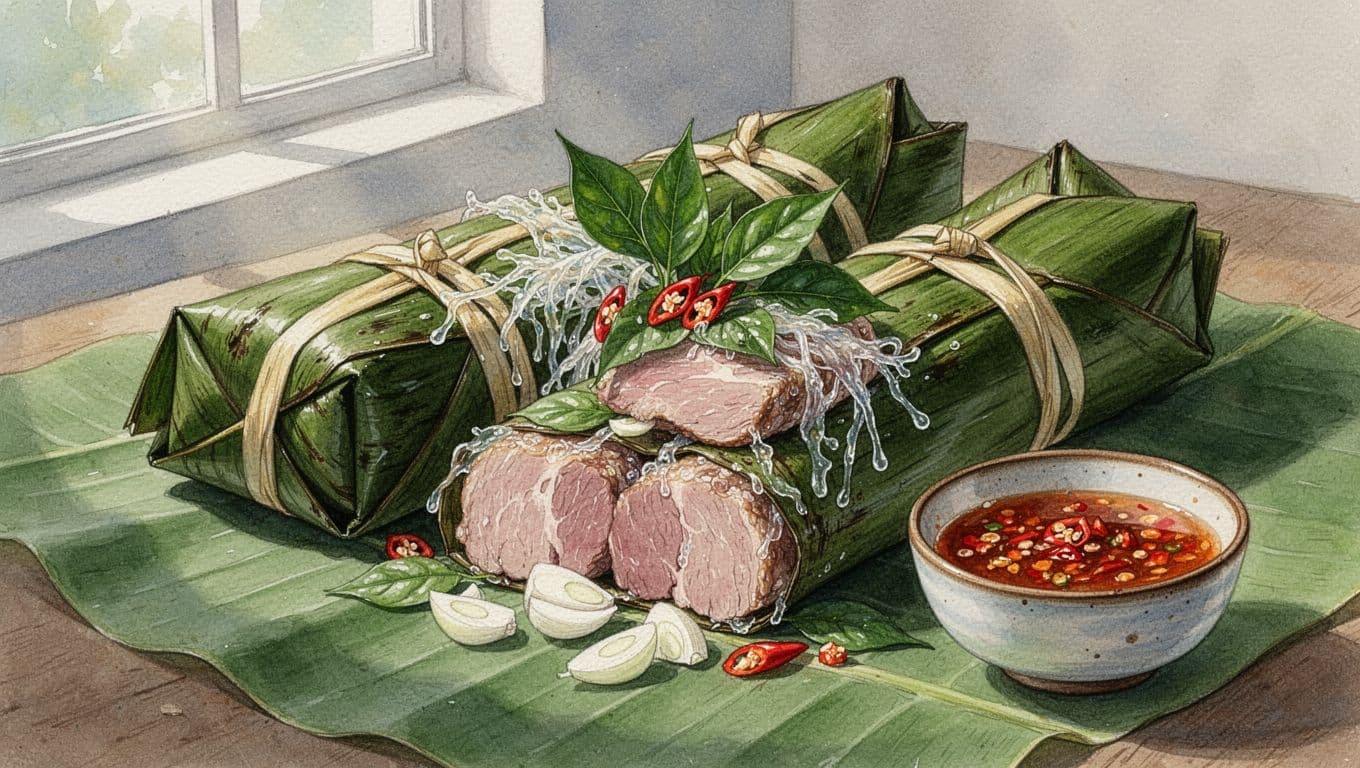 Nem chua Thanh Hóa bọc lá chuối xanh được bày biện cùng tỏi ớt tươi.