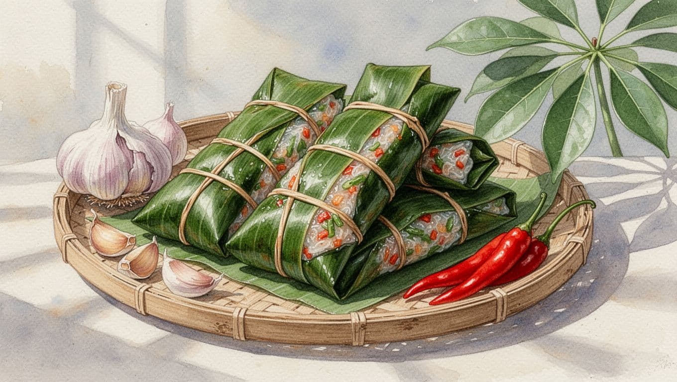 Nem chua Thanh Hóa bọc lá chuối trên khay tre cùng tỏi, ớt đỏ và lá đinh lăng.