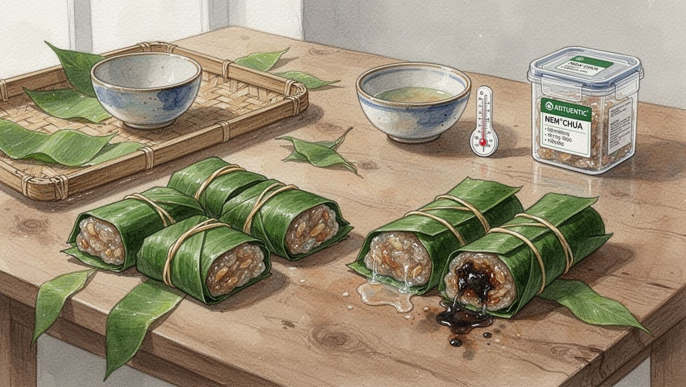 Bốn cuộn đạt chuẩn và hai mẫu nem chua bị loại trên khay tre.