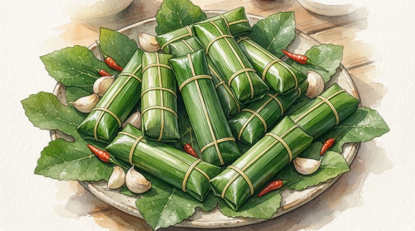 Nem chua Thanh Hóa bọc lá chuối, buộc dây thun dọc, đặt trên lá sung cùng tỏi và ớt.
