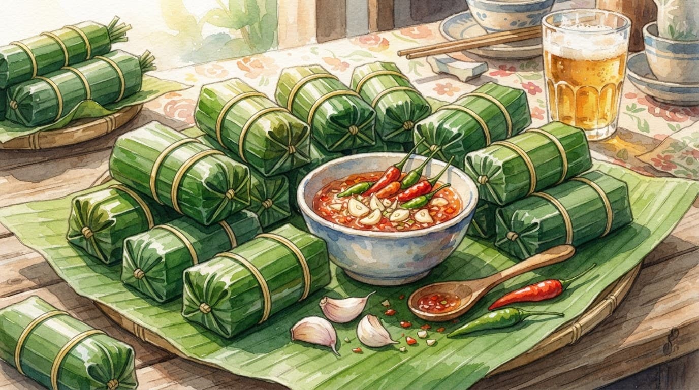 Những thanh nem hồng được gói bằng nhiều lớp lá truyền thống, đặt cạnh bát tương ớt, tỏi và ớt hiểm.