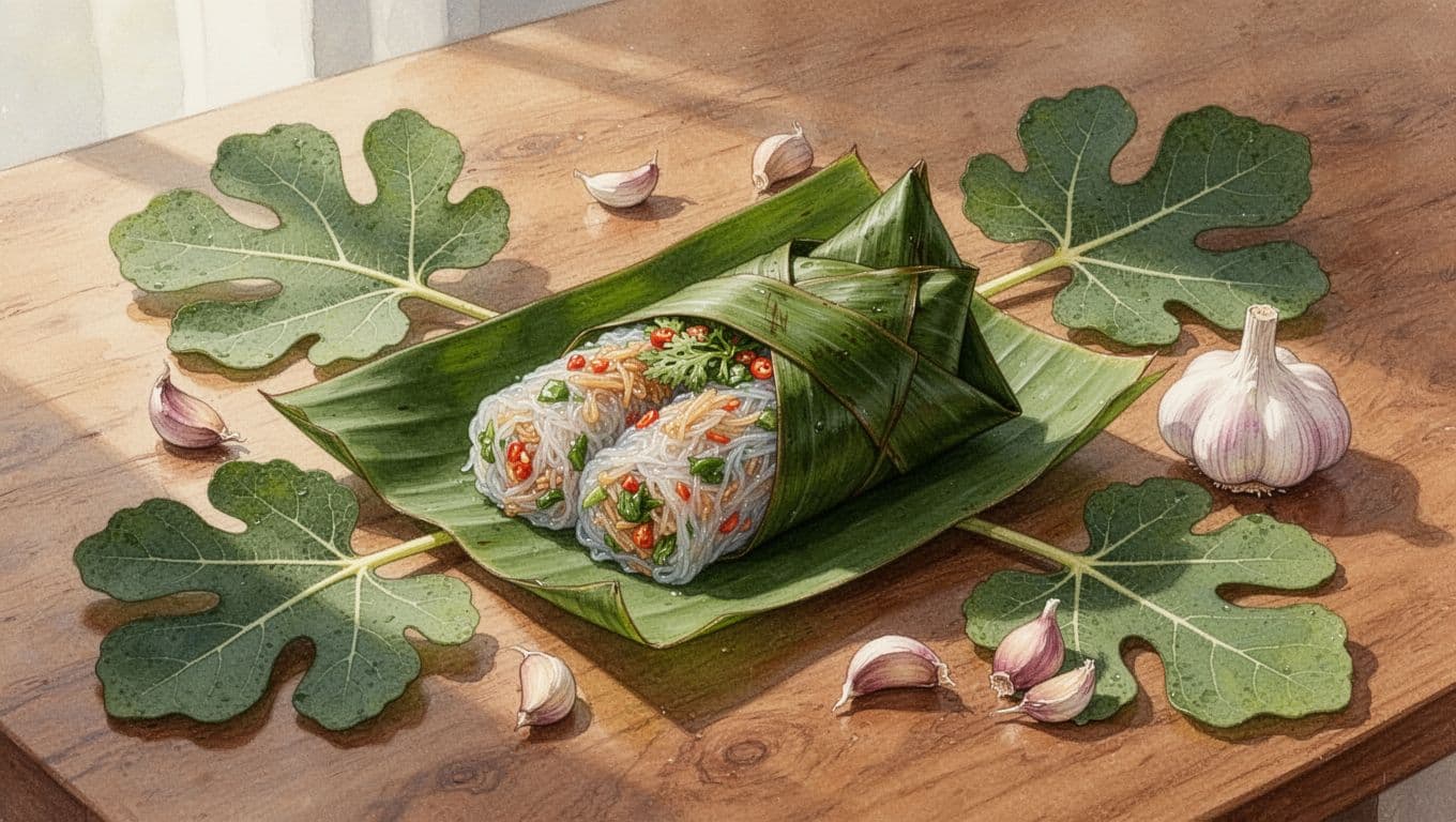Nem gói lá xanh cùng lá sung và tỏi trên bàn gỗ.