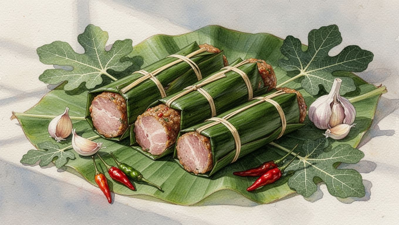 Các cuộn nem chua Thanh Hóa trong bao gói truyền thống.