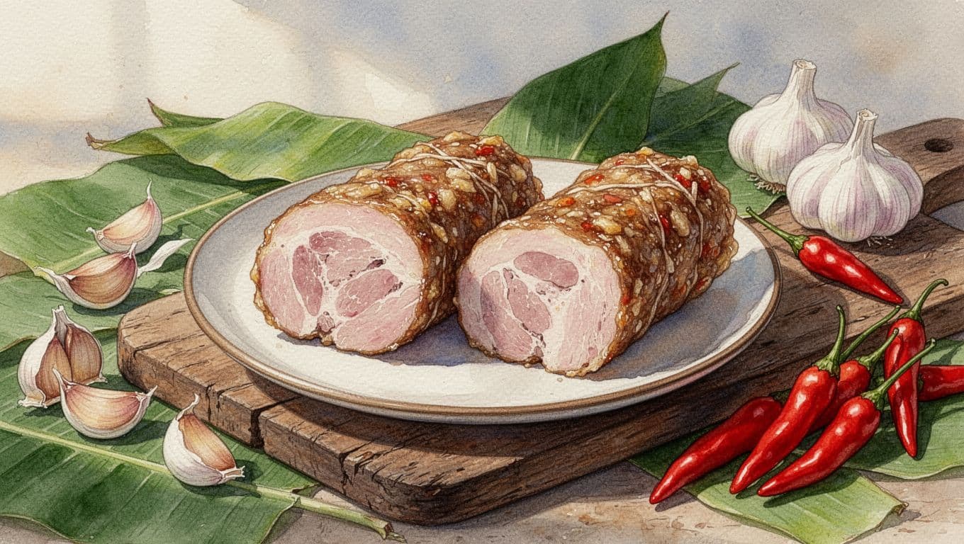 Một chiếc đĩa đựng hai cuộn nem bên lá chuối, tỏi và ớt.