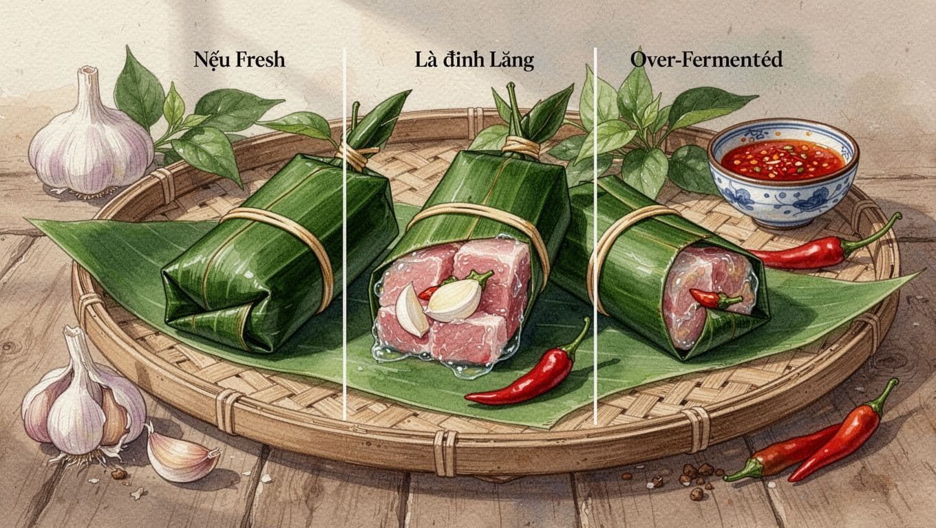 Ba phần nem thể hiện ba mức độ lên men khác nhau.