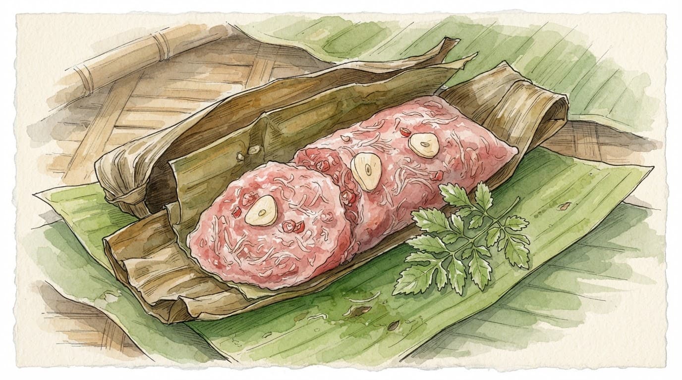 Cuộn nem chua mở ra, lộ phần nhân hồng, bì sợi, lá đinh lăng và lát tỏi.