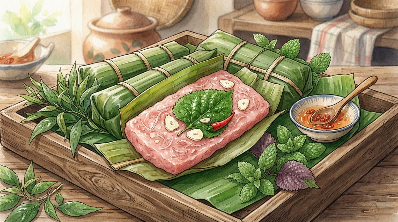 Nem chua Thanh Hóa mở ra với thịt hồng, tỏi trắng, ớt đỏ và lá xanh trên khay gỗ.
