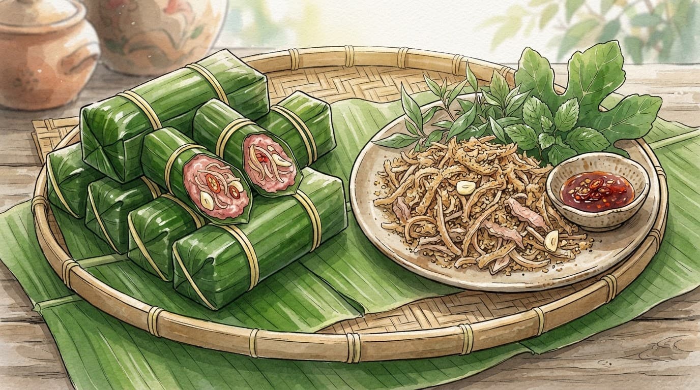 Khay tre bày nem chua Thanh Hóa bên cạnh nem Phùng cùng lá và rau thơm.